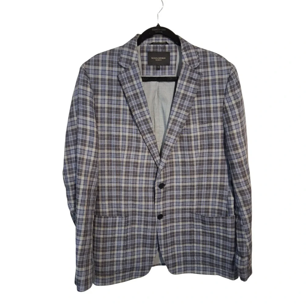 Banana Republic 100% Linen Plaid Mens size 42R Preppy Classic Career Suit Blazer